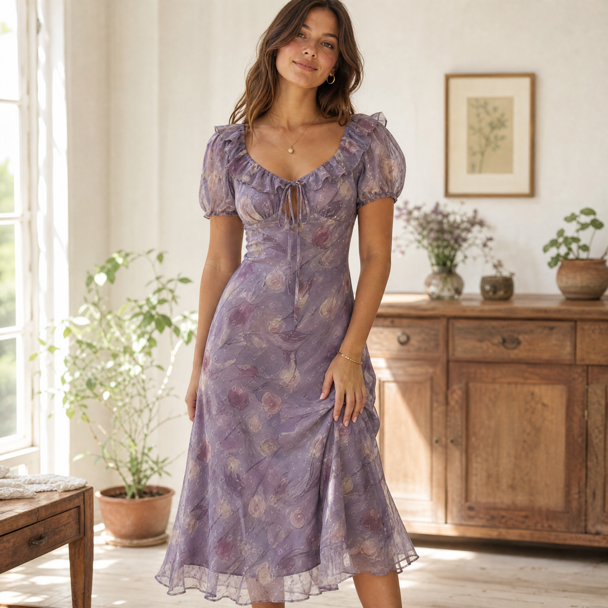 Purple Floral Print Dress