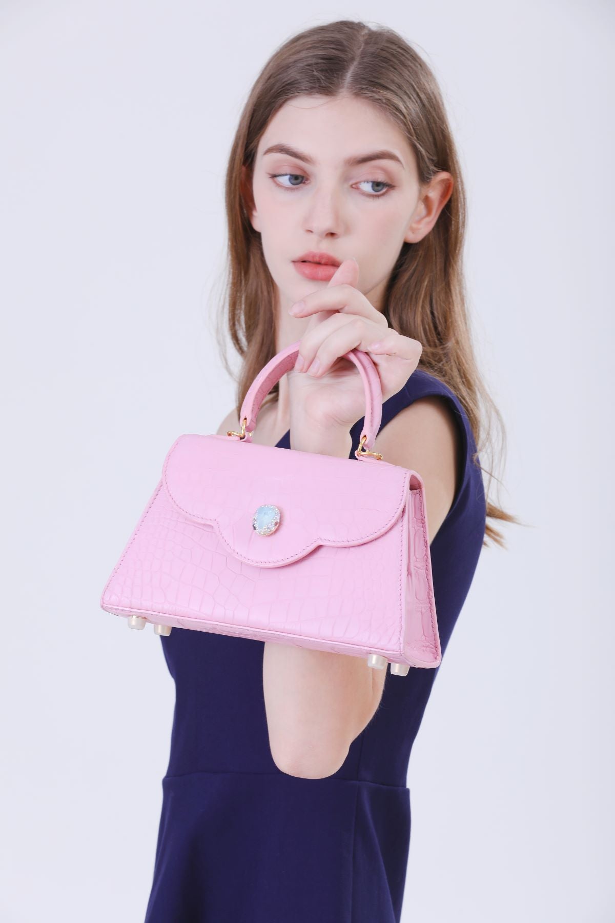 Genuine Nile Crocodile Leather & Natural Aquamarine Jeju Sakura Bag
