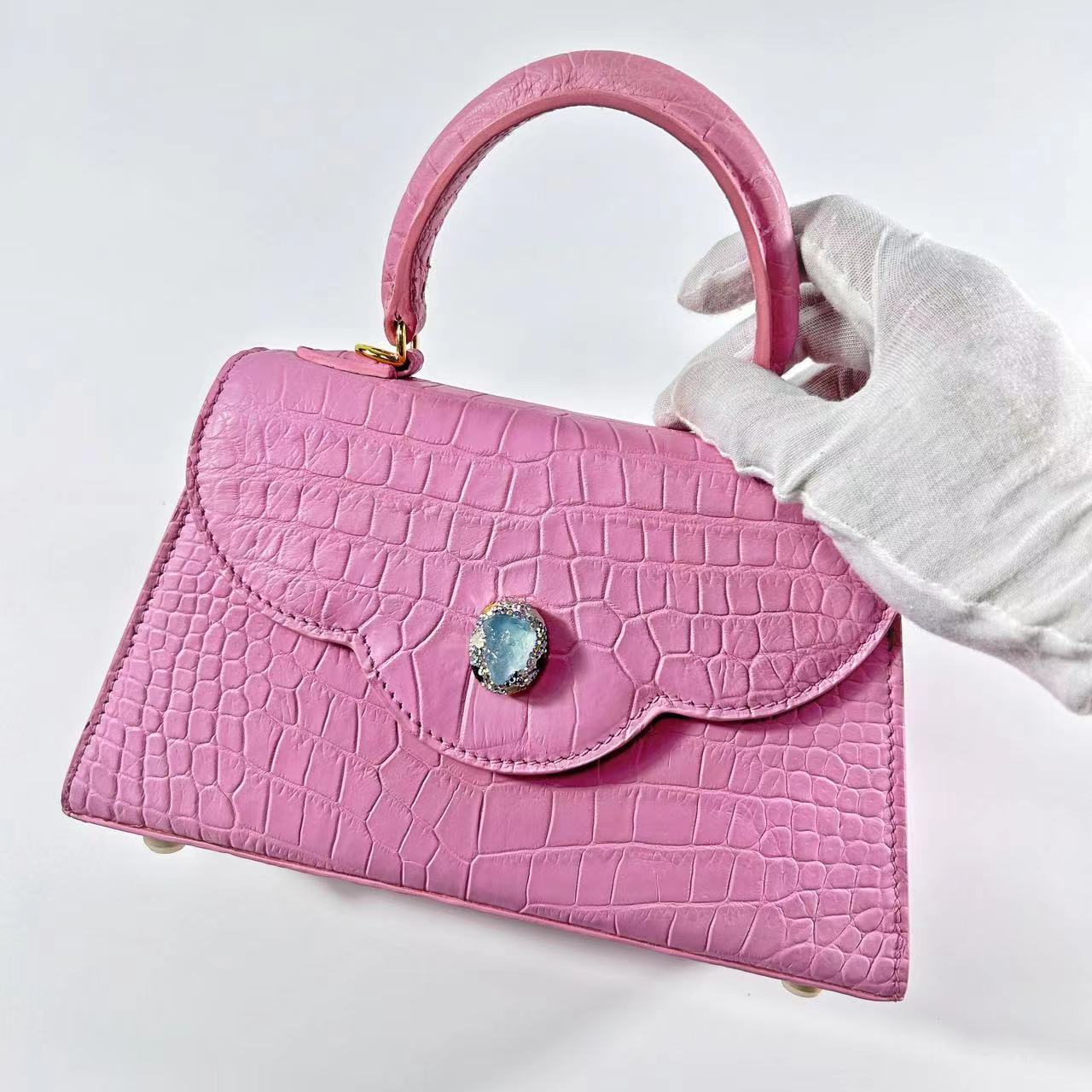 Genuine Nile Crocodile Leather & Natural Aquamarine Jeju Sakura Bag