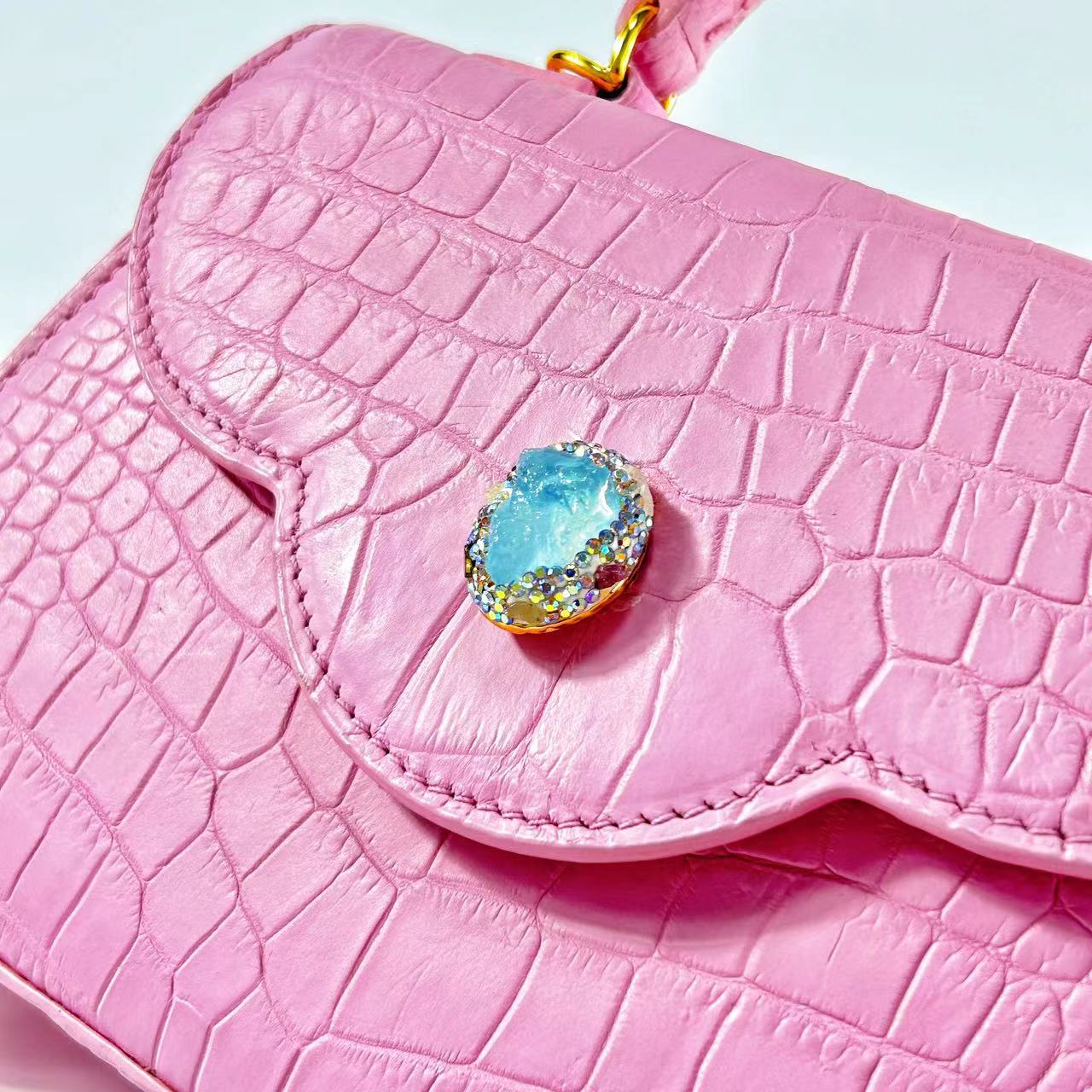 Genuine Nile Crocodile Leather & Natural Aquamarine Jeju Sakura Bag