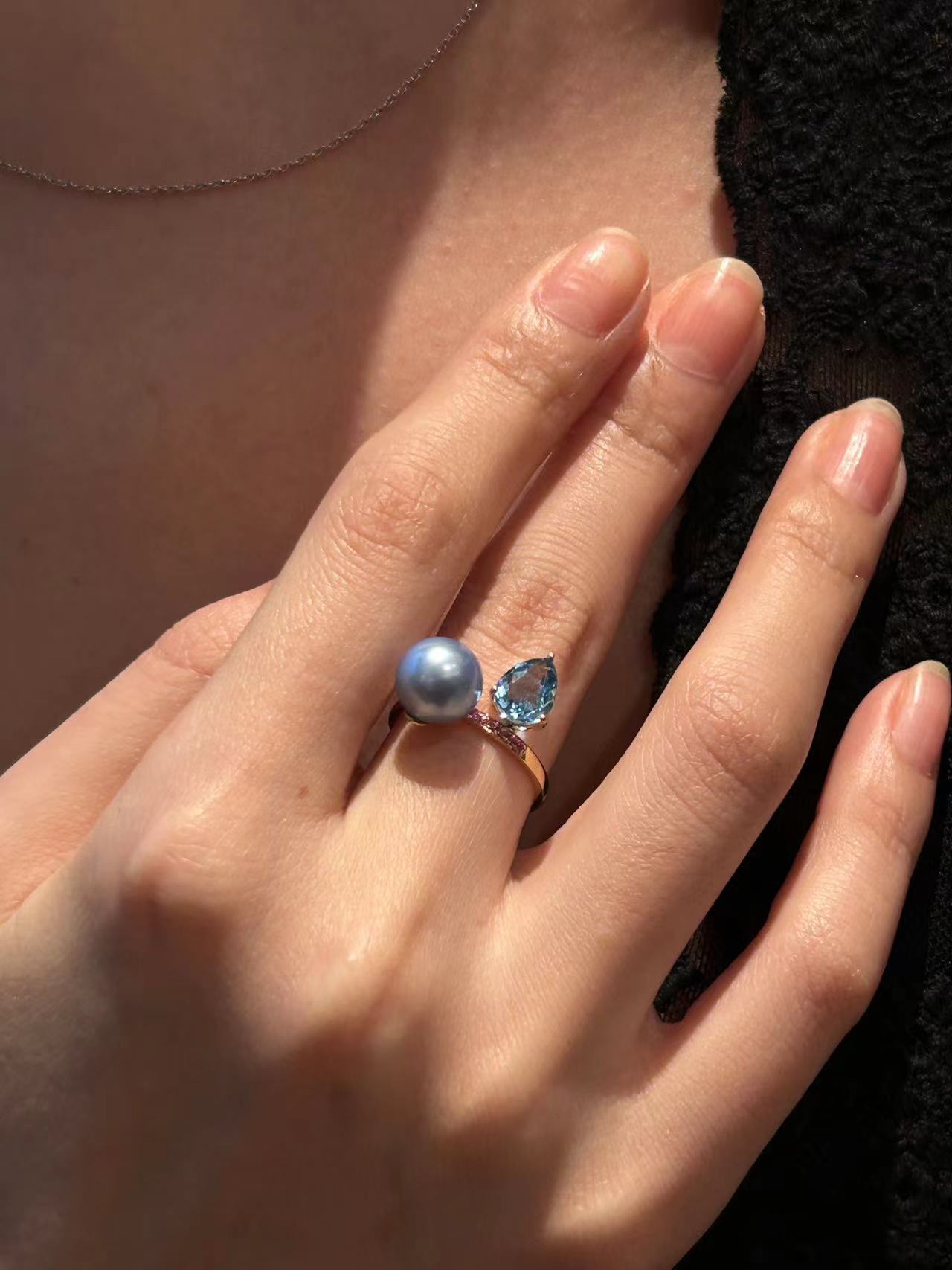Toi et Moi Ring - Blue heart Topaz and Blue Rose Pearl