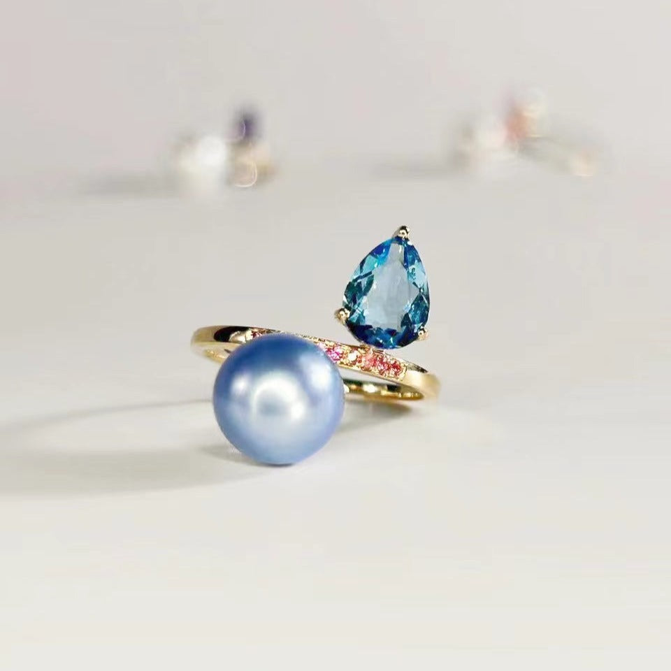 Toi et Moi Ring - Blue heart Topaz and Blue Rose Pearl