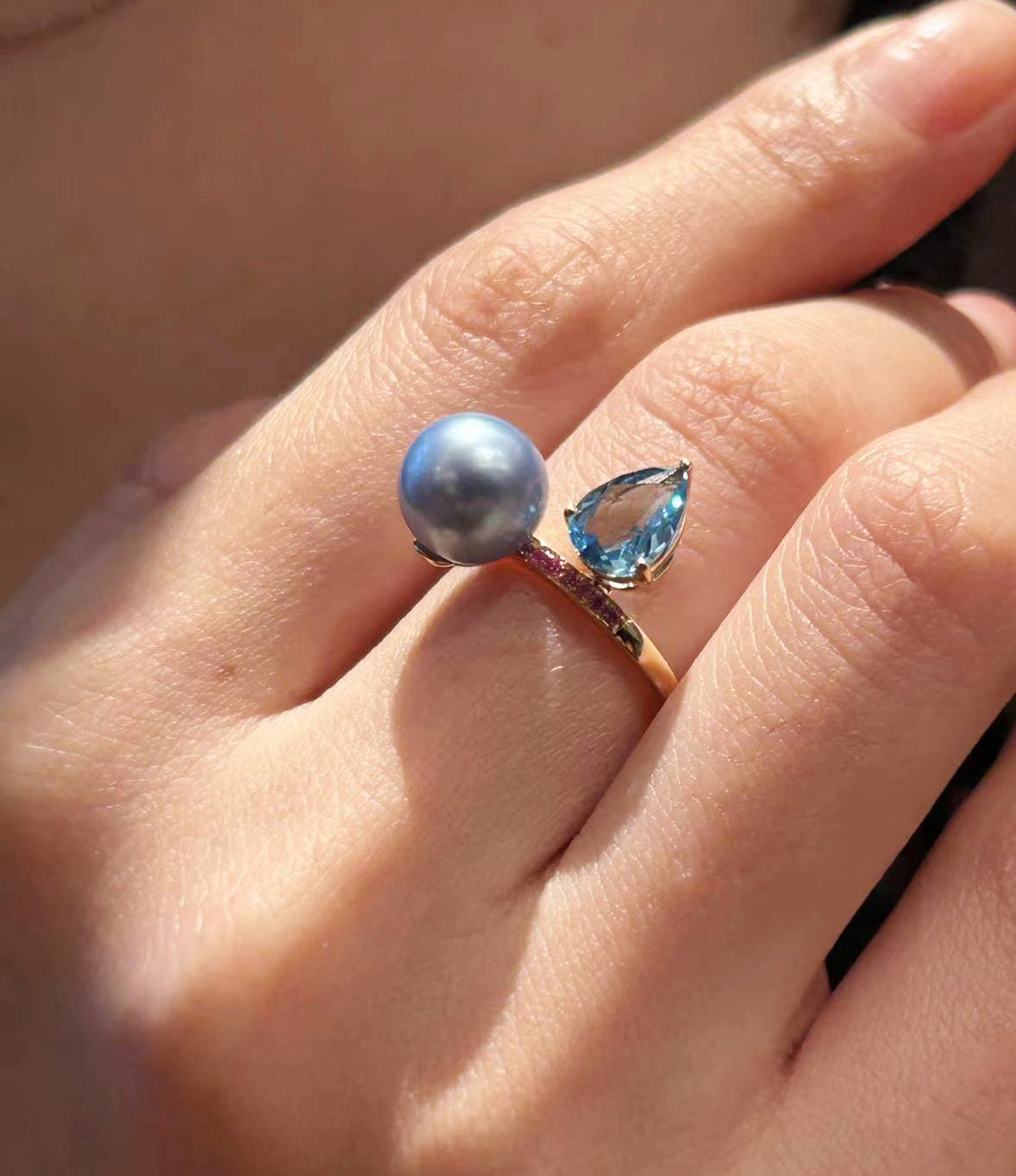 Toi et Moi Ring - Blue heart Topaz and Blue Rose Pearl