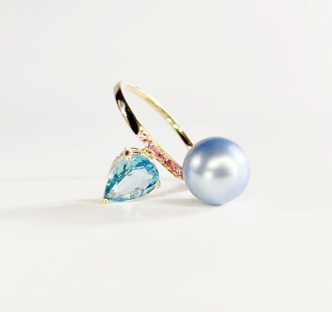 Toi et Moi Ring - Blue heart Topaz and Blue Rose Pearl