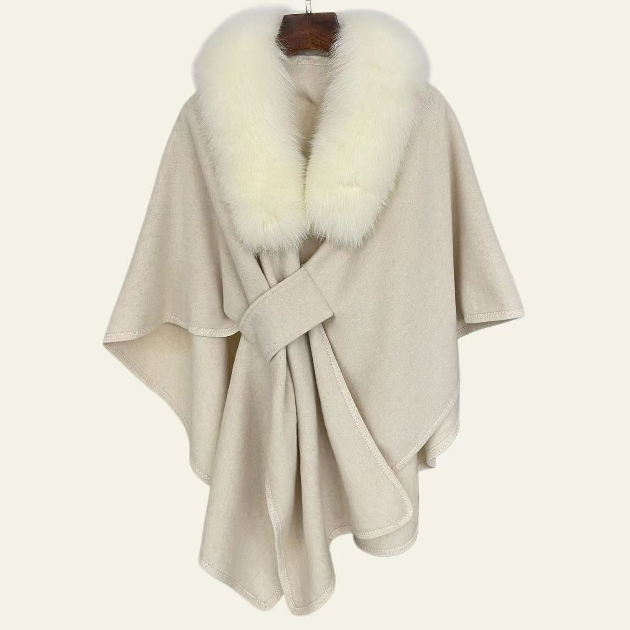 100% Wool Fox Fur Poncho Coat - White