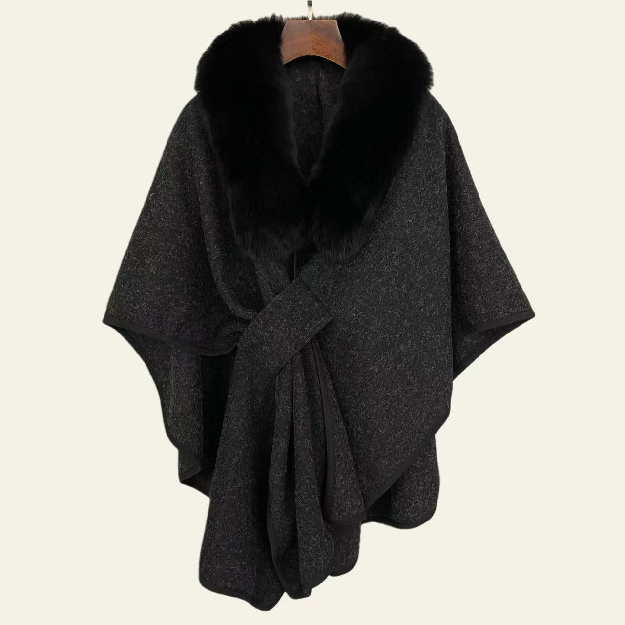 100% Wool Fox Fur Poncho Coat - Black