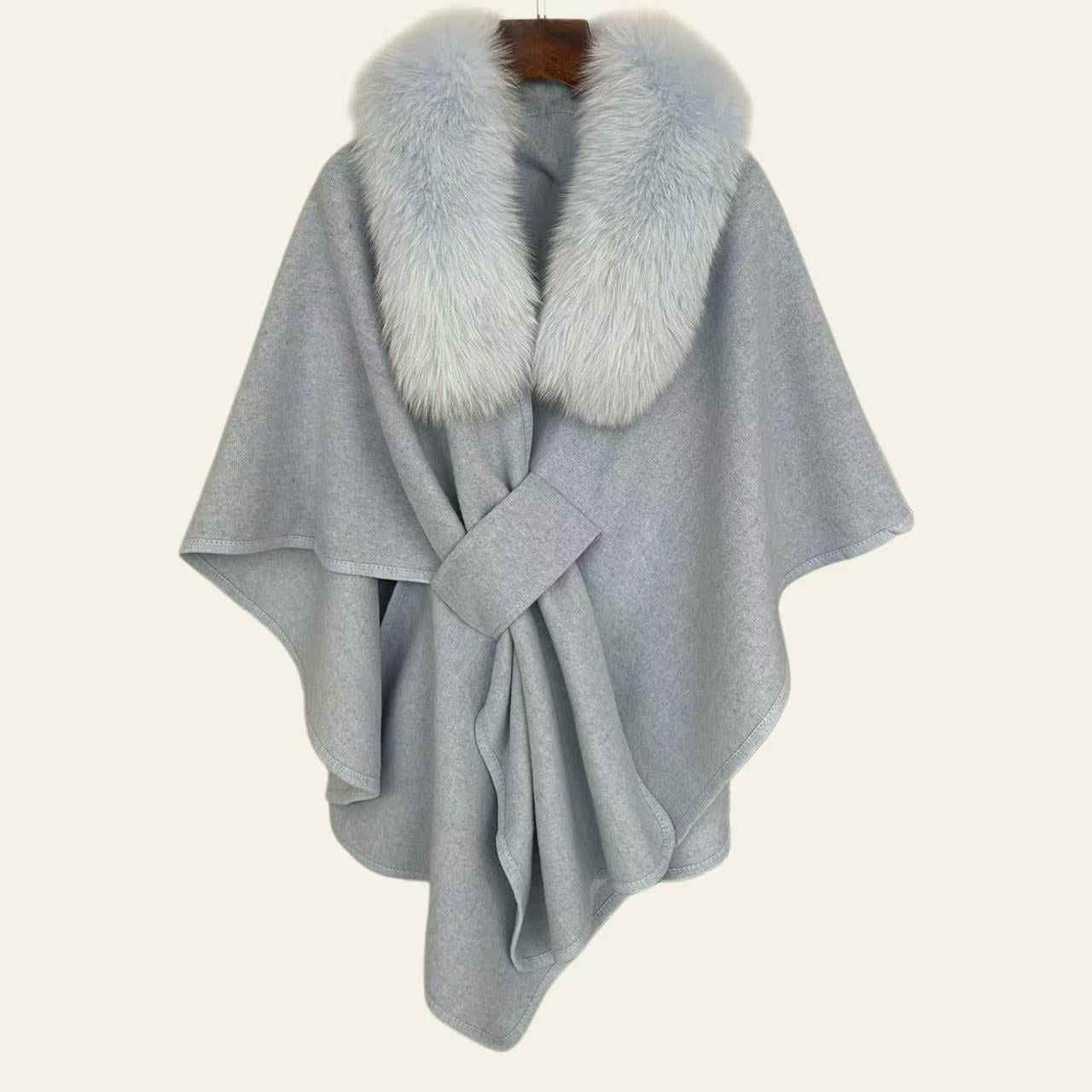 100% Wool Fox Fur Poncho Coat - Baby Blue