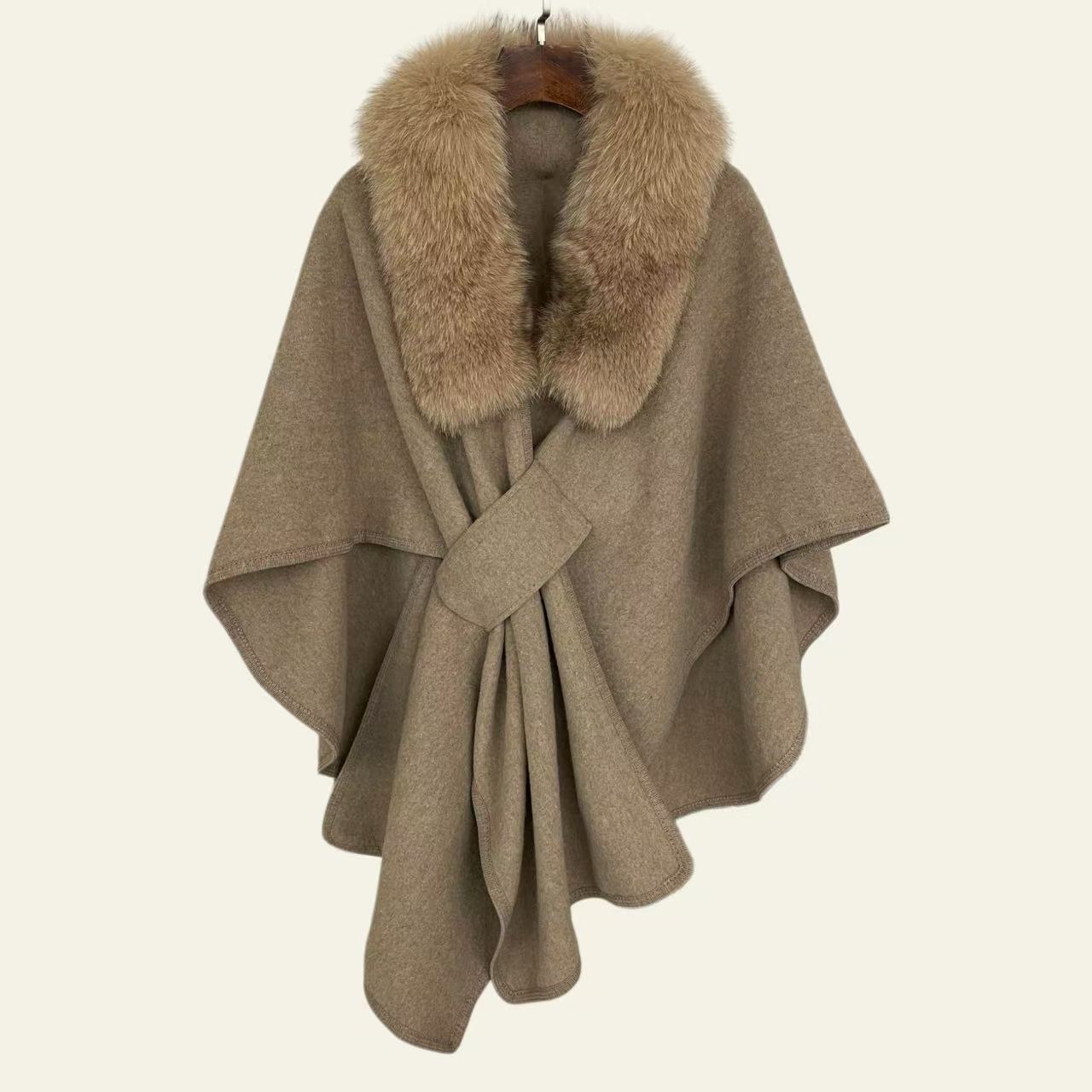 100% Wool Fox Fur Poncho Coat - Khaki
