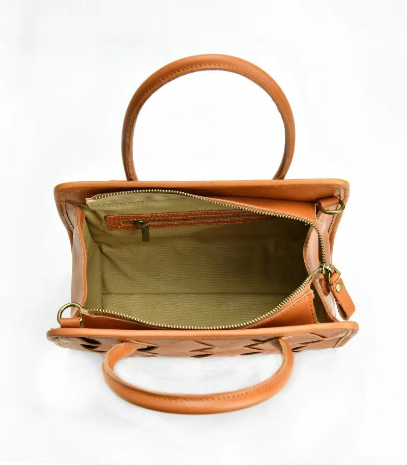 First Layer Cowhide Boston Woven Tote Bag