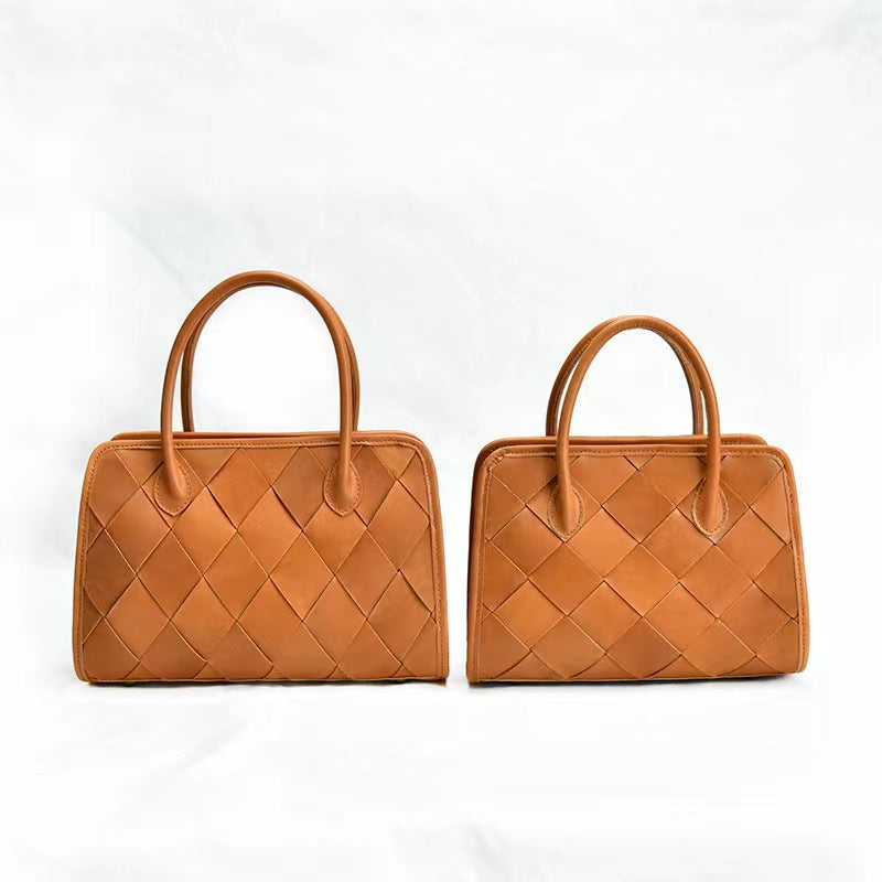 First Layer Cowhide Boston Woven Tote Bag