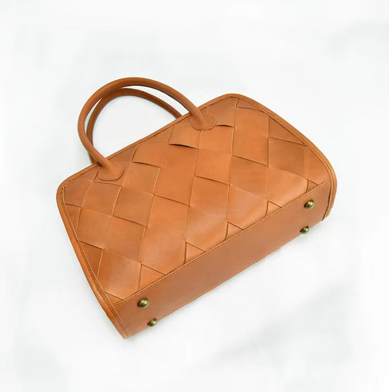 First Layer Cowhide Boston Woven Tote Bag