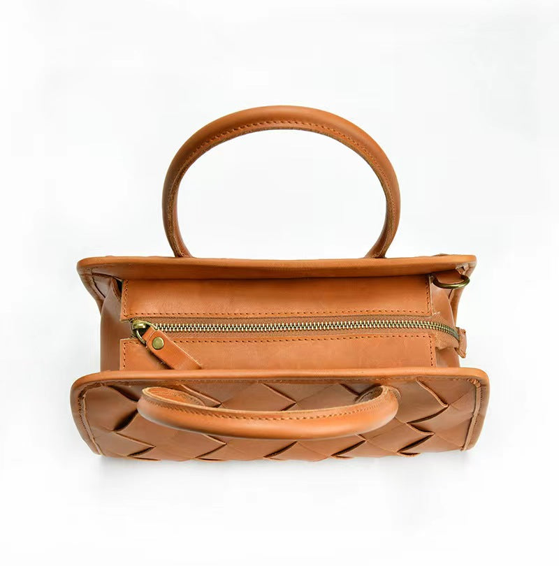 First Layer Cowhide Boston Woven Tote Bag