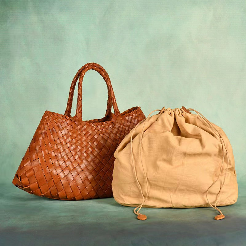 First Layer Cowhide Summer Woven Tote Bag