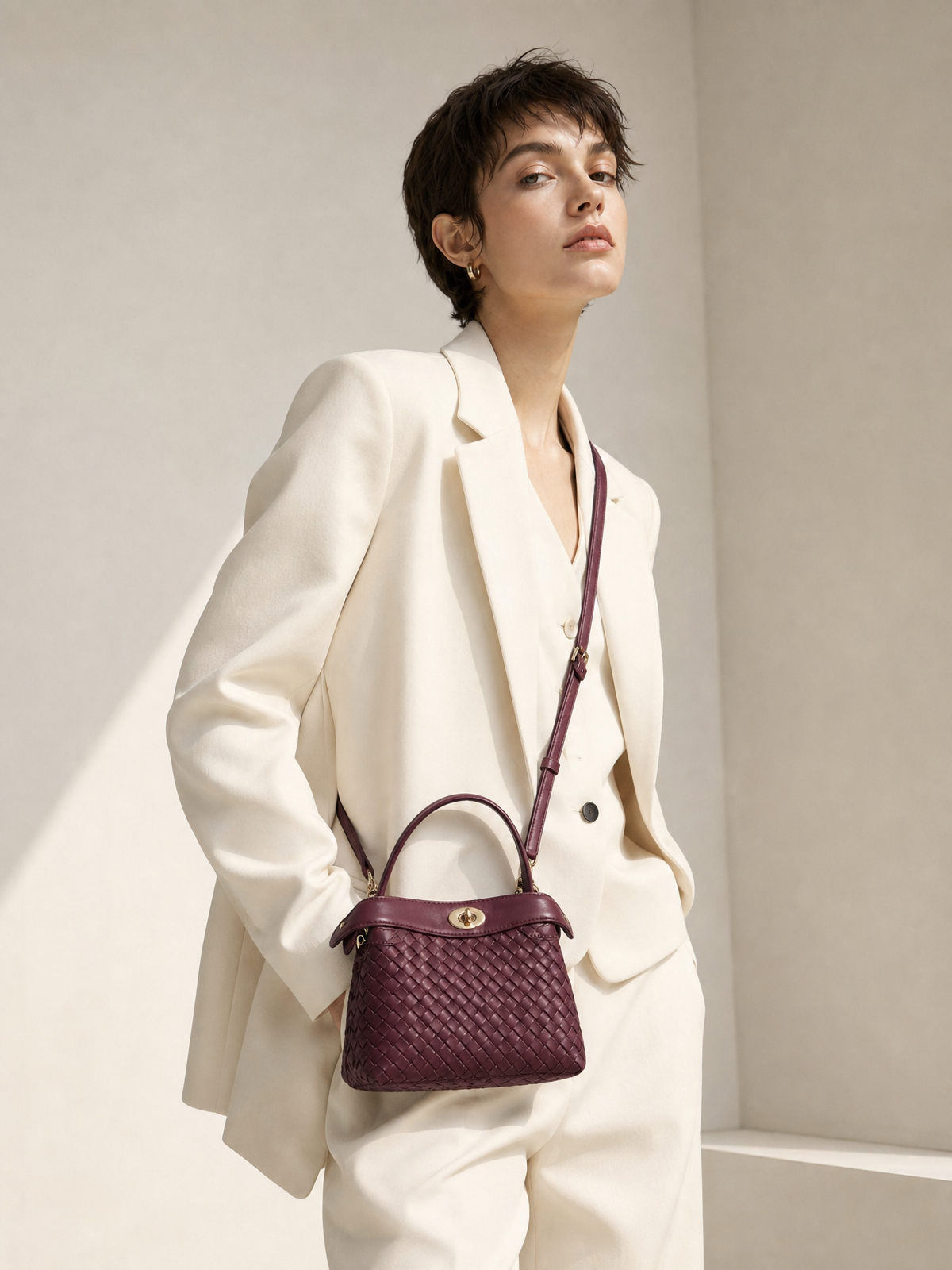 Florence Top Handle Woven Bag - Burgundy