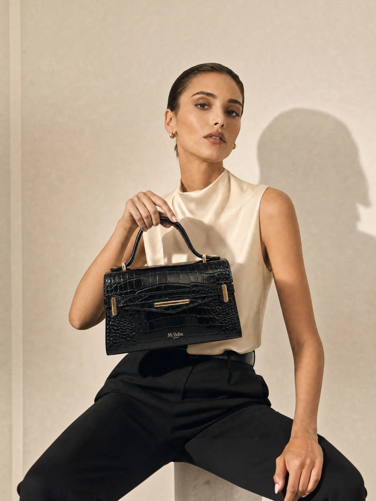 "Mi" Top Handle - Black Croc Embossed