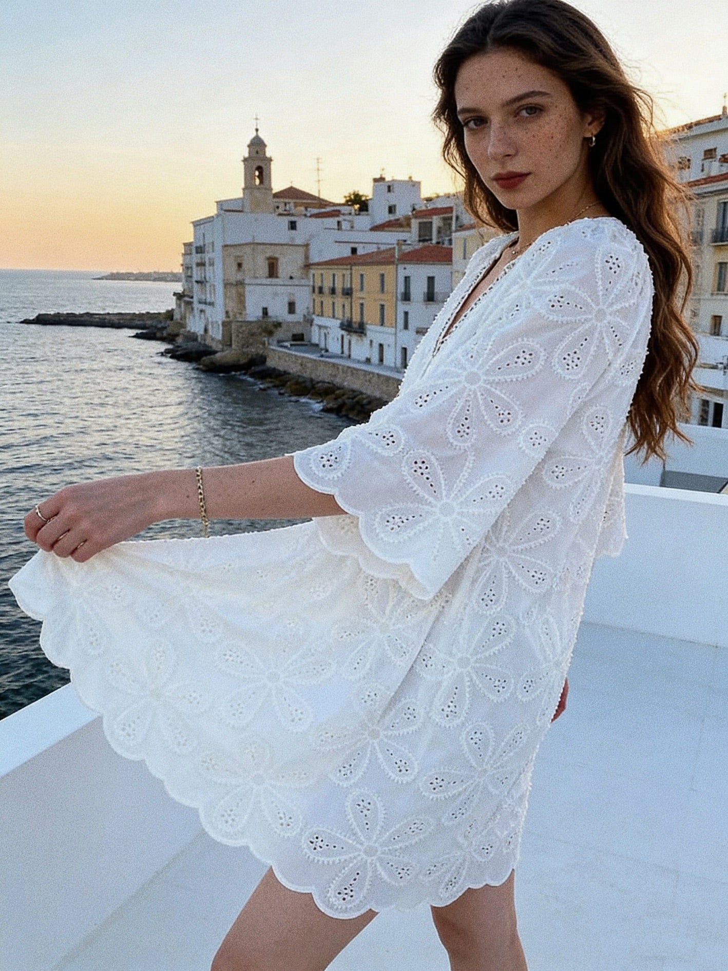 V Necklace Flora Embroidery Dress