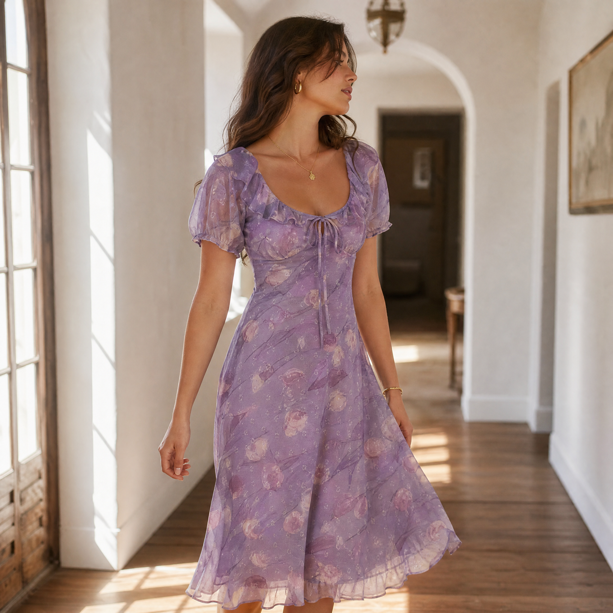 Purple Floral Print Dress