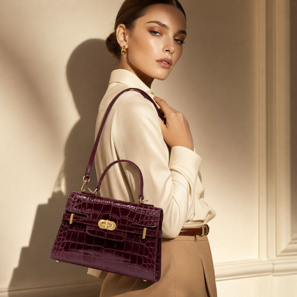 Kensington - Top Handle Black Croc Embossed
