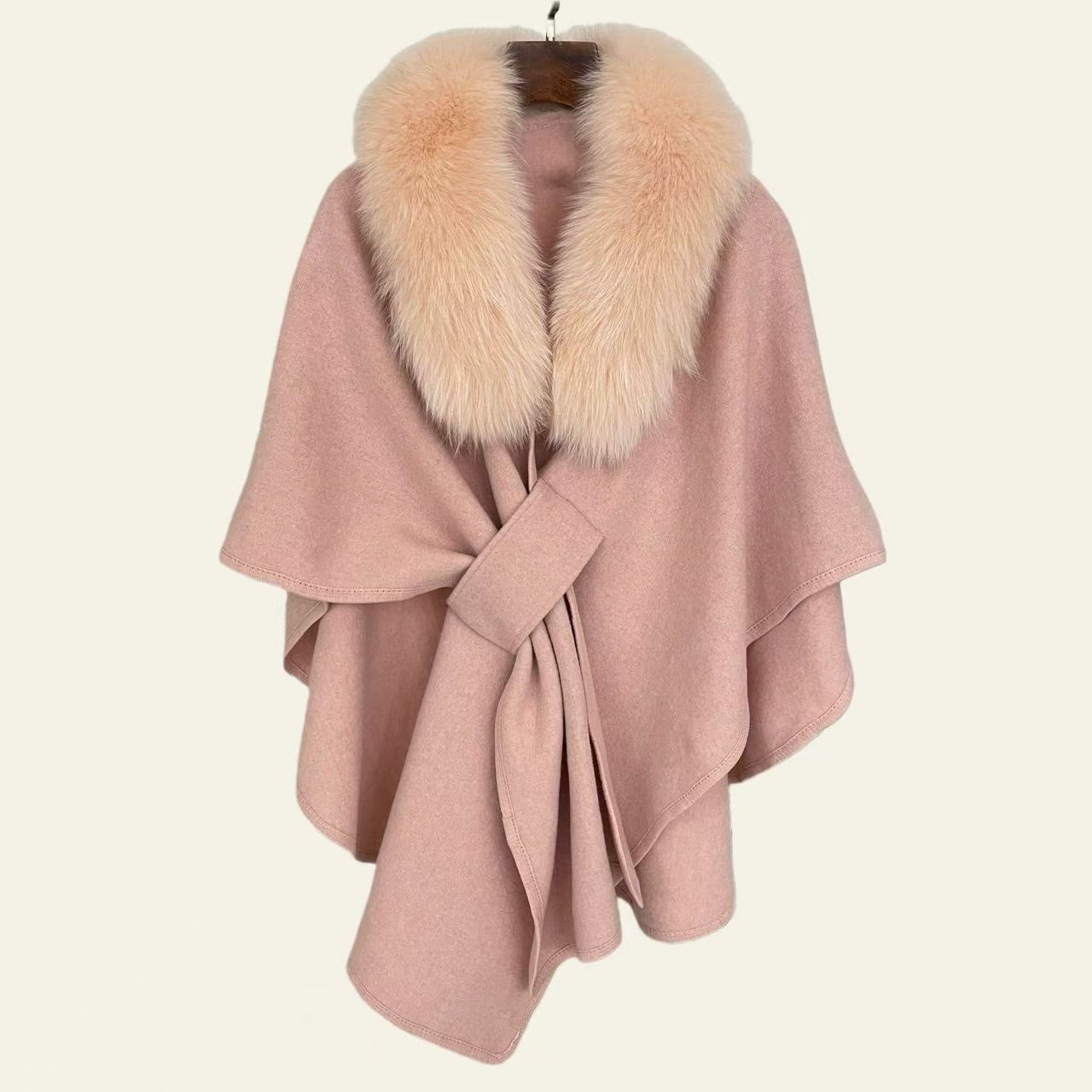 100% Wool Fox Fur Poncho Coat - Baby Pink