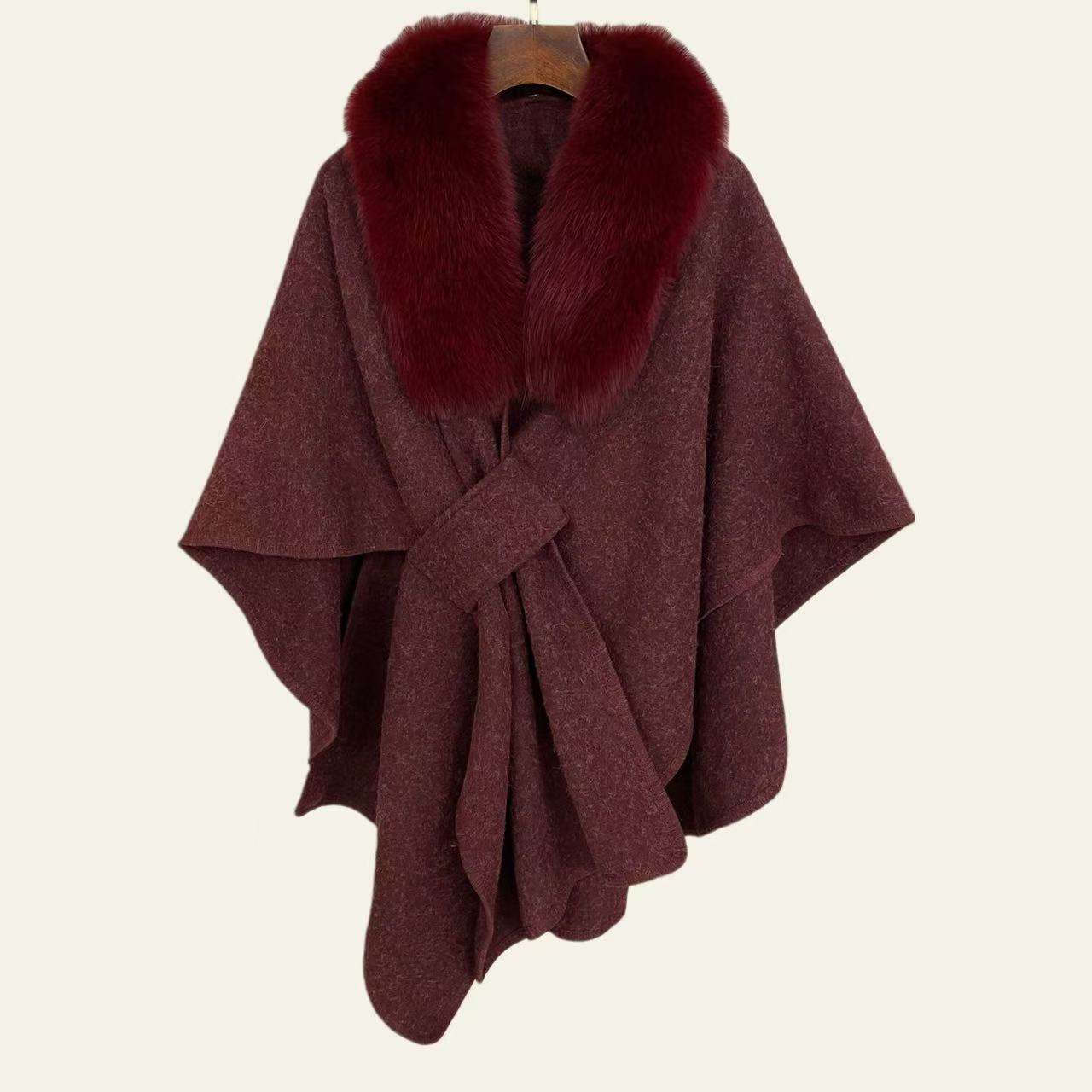 100% Wool Fox Fur Poncho Coat - Burgundy