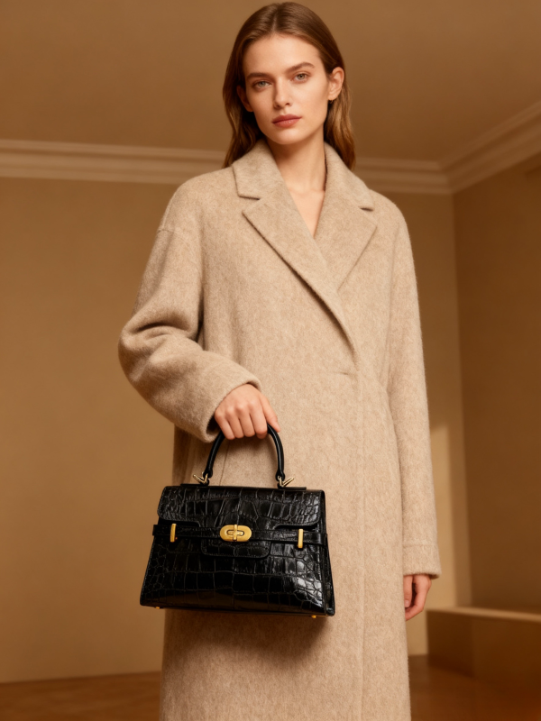 Kensington - Top Handle Black Croc Embossed