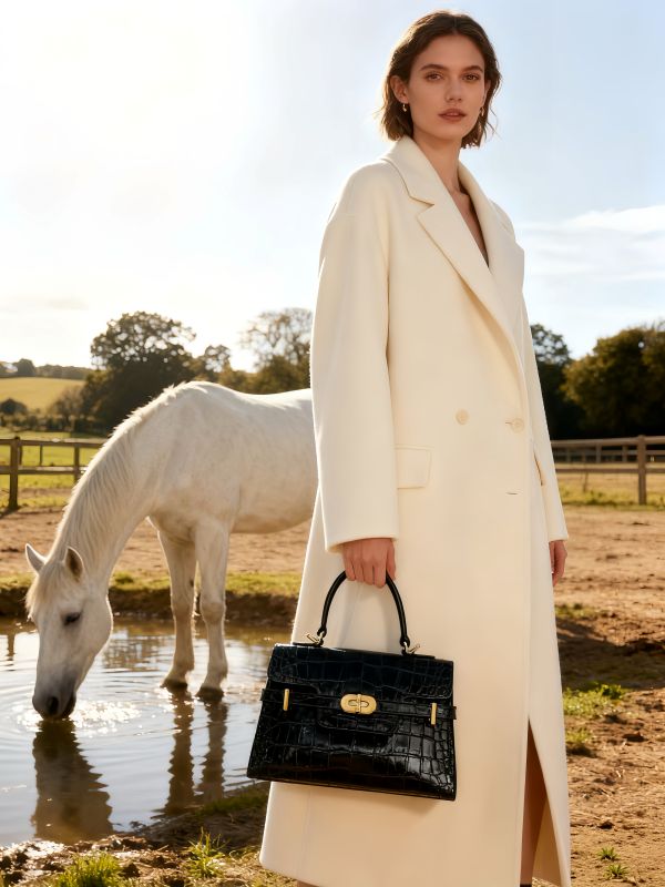 Kensington - Top Handle Black Croc Embossed