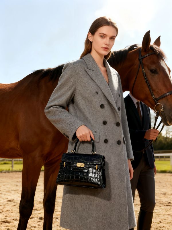 Kensington - Top Handle Black Croc Embossed