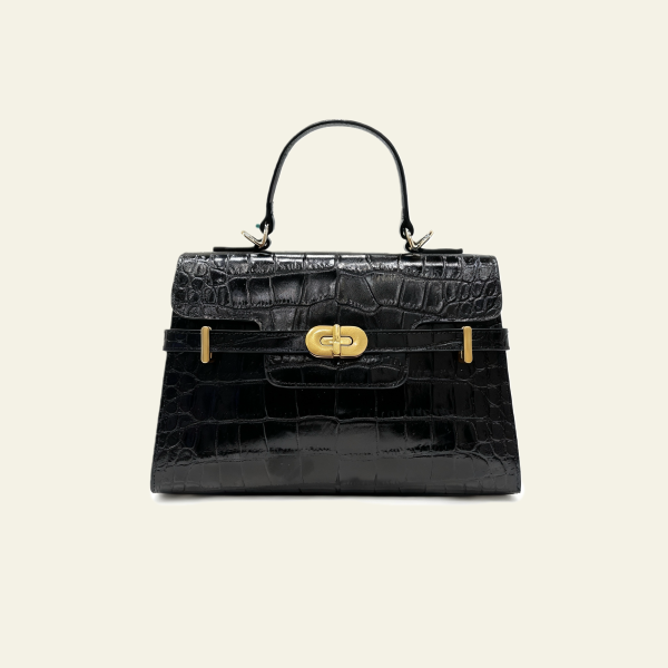 Kensington - Top Handle Black Croc Embossed