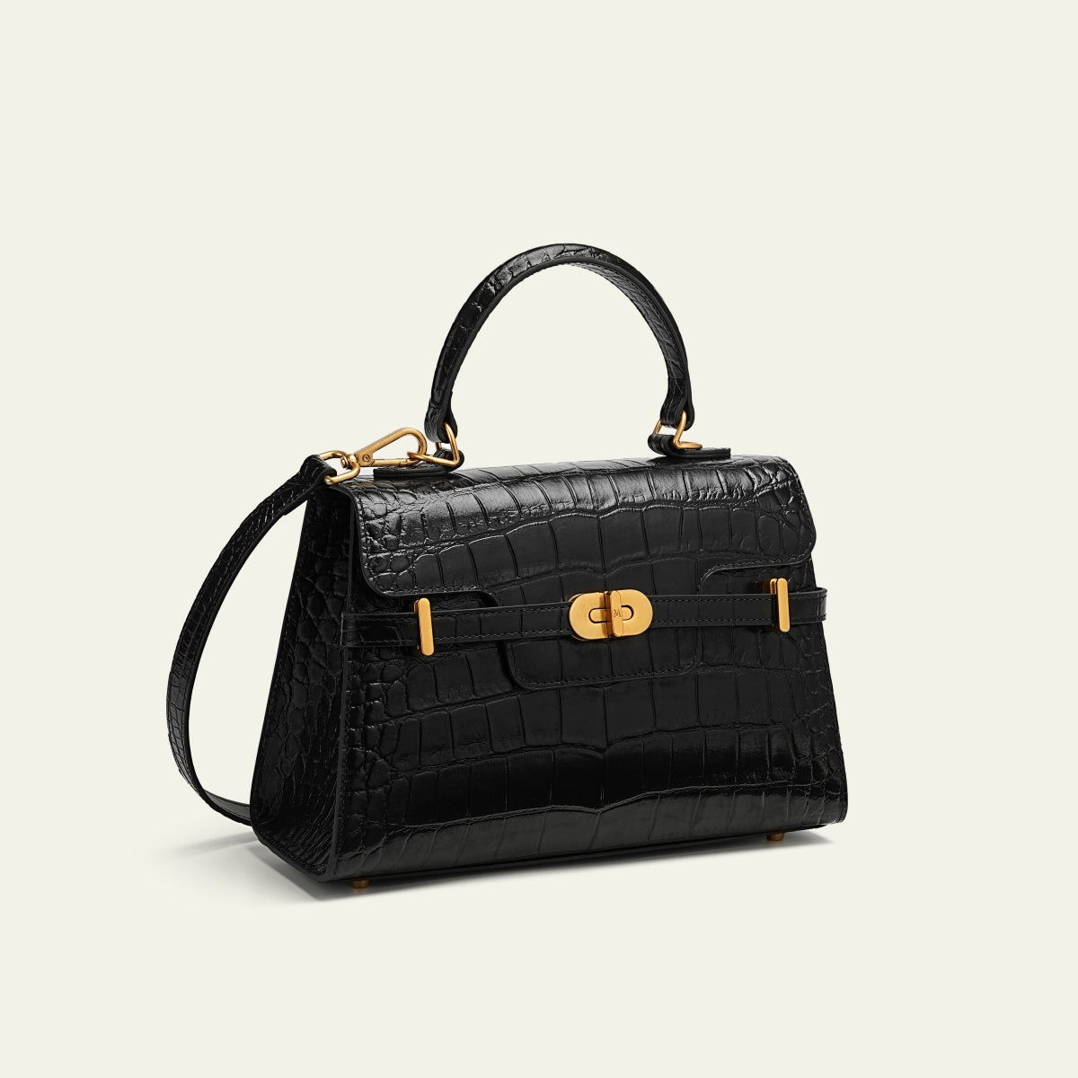 Kensington - Top Handle Black Croc Embossed