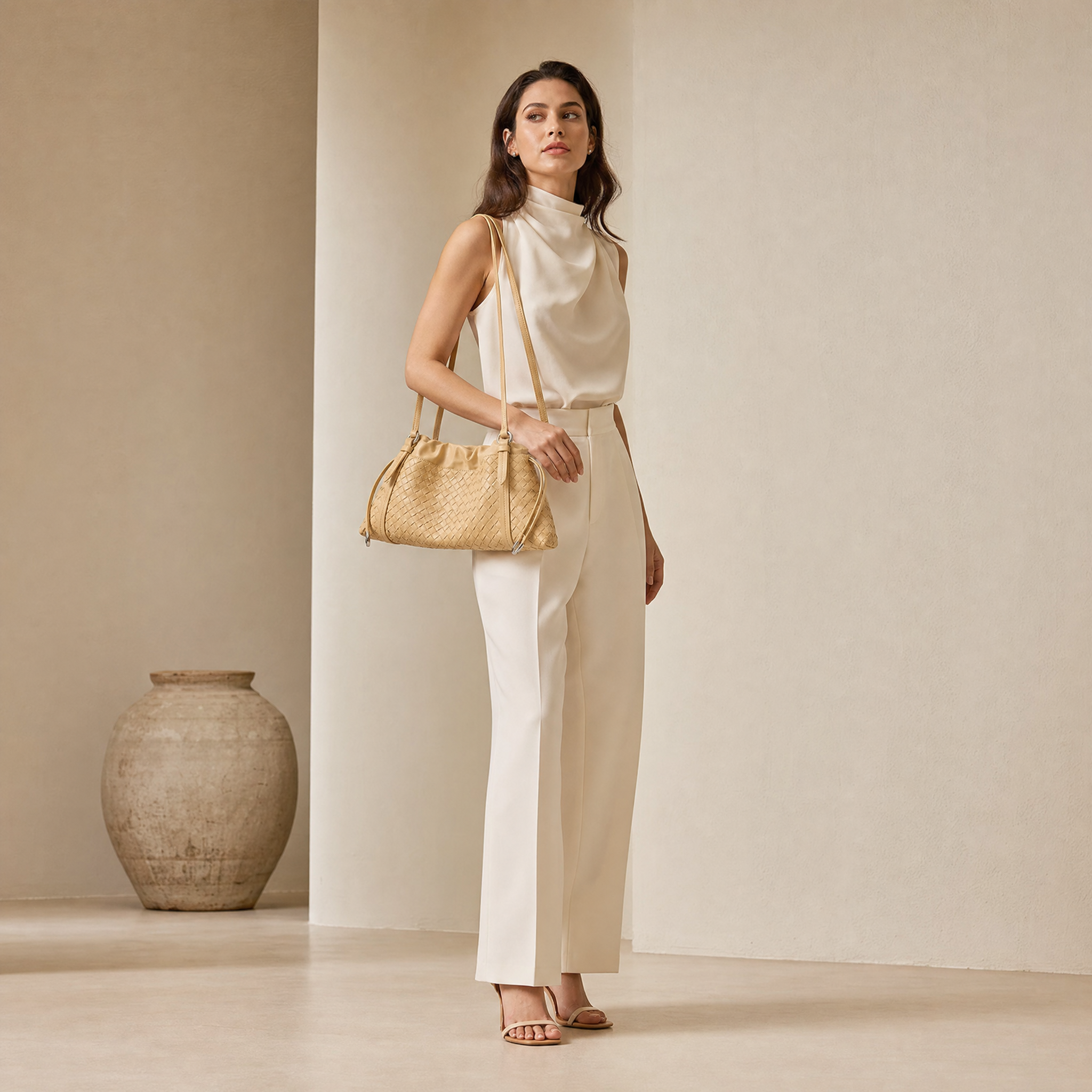 Woven Shoulder Bag - Milk Tea