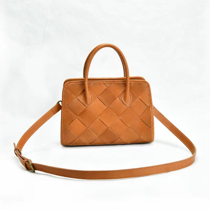 First Layer Cowhide Boston Woven Tote Bag